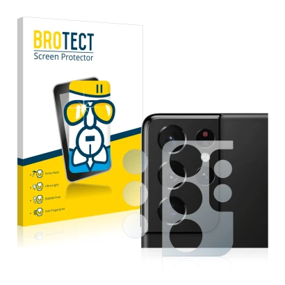 Vorderseite einer Produktverpackung mit dem Markenlogo BROTECT. Daneben ist das Gerät Samsung Galaxy S21 Ultra 5G (NUR Kameras