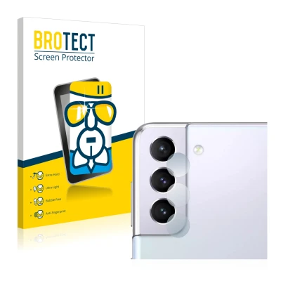 Vorderseite einer Produktverpackung mit dem Markenlogo BROTECT. Daneben ist das Gerät Samsung Galaxy S21 (NUR Kameraschutz) mi