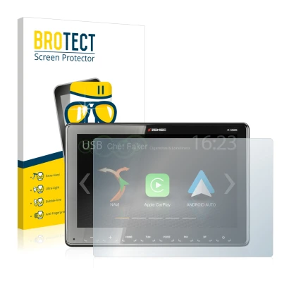 Vorderseite einer Produktverpackung mit dem Markenlogo BROTECT. Daneben ist das Gerät Zenec Z-N965 mit dem zugehörigen Display