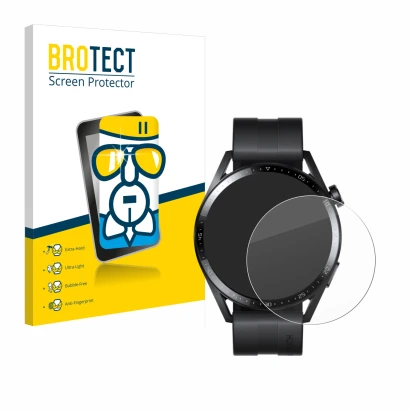 Vorderseite einer Produktverpackung mit dem Markenlogo BROTECT. Daneben ist das Gerät Huawei Watch GT 3 (46 mm) mit dem zugehö