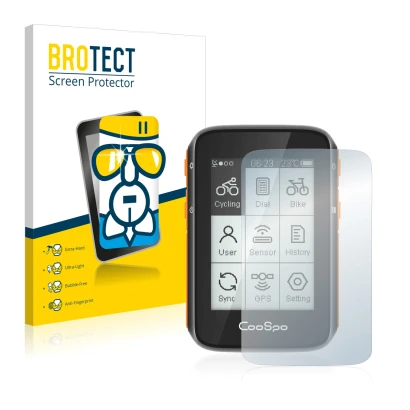 Vorderseite einer Produktverpackung mit dem Markenlogo BROTECT. Daneben ist das Gerät CooSpo BC200 mit dem zugehörigen Display