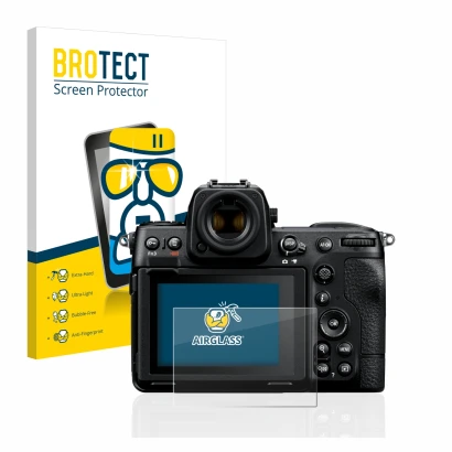 Vorderseite einer Produktverpackung mit dem Markenlogo BROTECT. Daneben ist das Gerät Nikon Z 8 mit dem zugehörigen Displaysch