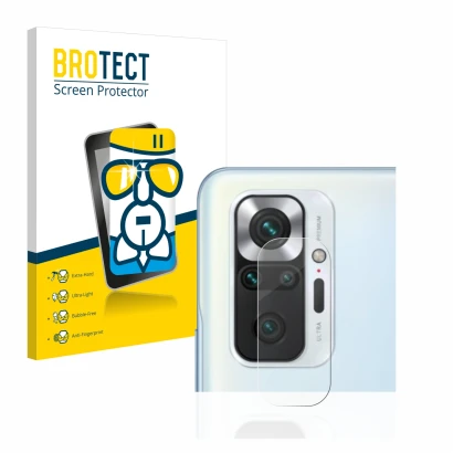 Vorderseite einer Produktverpackung mit dem Markenlogo BROTECT. Daneben ist das Gerät Xiaomi Redmi Note 10 Pro (NUR Kameraschu