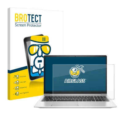 Vorderseite einer Produktverpackung mit dem Markenlogo BROTECT. Daneben ist das Gerät HP ProBook 450 G8 mit dem zugehörigen Di