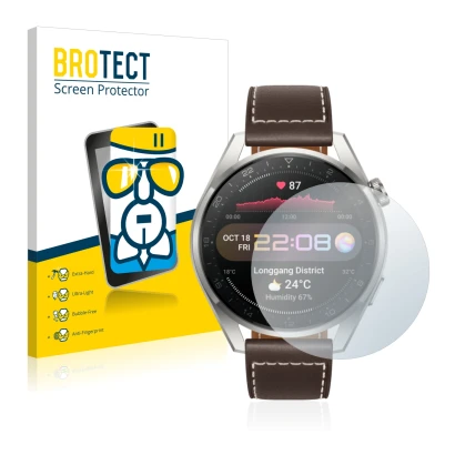 Vorderseite einer Produktverpackung mit dem Markenlogo BROTECT. Daneben ist das Gerät Huawei Watch 3 Pro mit dem zugehörigen D