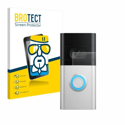 Vorderseite einer Produktverpackung mit dem Markenlogo BROTECT. Daneben ist das Gerät Ring Video Doorbell 4 mit dem zugehörige