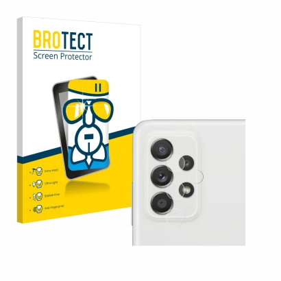 Vorderseite einer Produktverpackung mit dem Markenlogo BROTECT. Daneben ist das Gerät Samsung Galaxy A52s 5G (NUR Kameraschutz