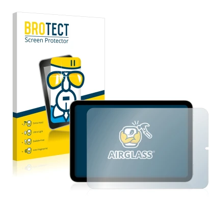 Vorderseite einer Produktverpackung mit dem Markenlogo BROTECT. Daneben ist das Gerät Apple iPad Mini 6 2021 (im Querformat, 6