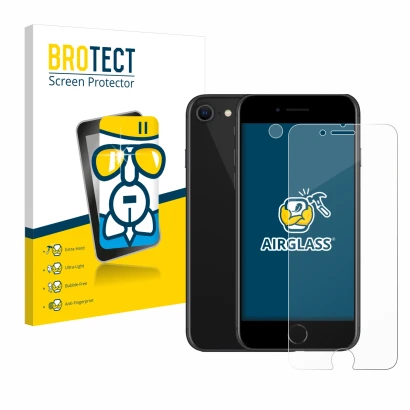 Vorderseite einer Produktverpackung mit dem Markenlogo BROTECT. Daneben ist das Gerät Apple iPhone SE 2 2020 (Display+Kamera) 