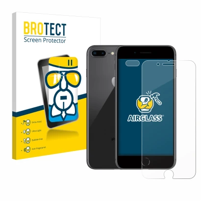 Vorderseite einer Produktverpackung mit dem Markenlogo BROTECT. Daneben ist das Gerät Apple iPhone 8 Plus (Display+Kamera) mit