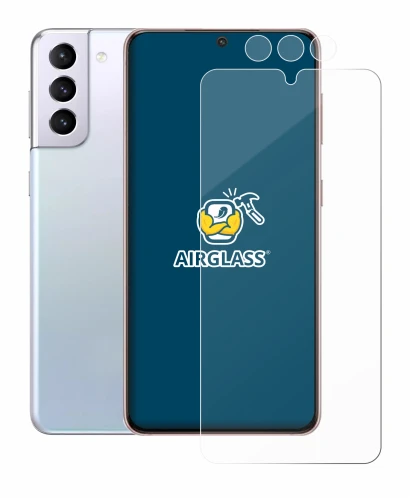 Abbildung des Geräts Samsung Galaxy S21 (Display+Kamera) mit einer Vielzahl des Displayschutzes.