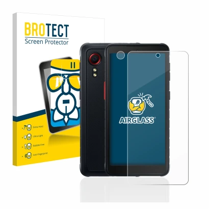 Vorderseite einer Produktverpackung mit dem Markenlogo BROTECT. Daneben ist das Gerät Samsung Galaxy XCover 5 (Display+Kamera)