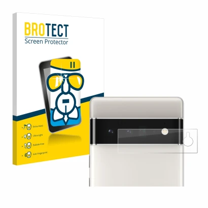 Vorderseite einer Produktverpackung mit dem Markenlogo BROTECT. Daneben ist das Gerät Google Pixel 6 Pro (NUR Kameraschutz) mi