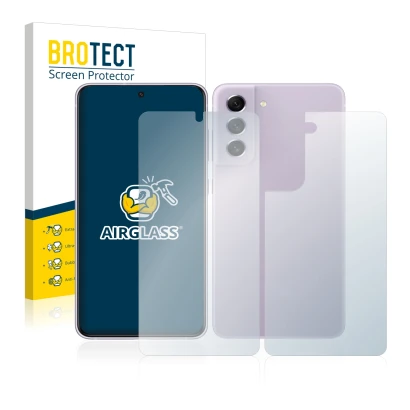Vorderseite einer Produktverpackung mit dem Markenlogo BROTECT. Daneben ist das Gerät Samsung Galaxy S21 FE 5G (Display+Rückse