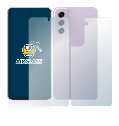 Abbildung des Geräts Samsung Galaxy S21 FE 5G (Display+Rückseite) mit einer Vielzahl des Displayschutzes.