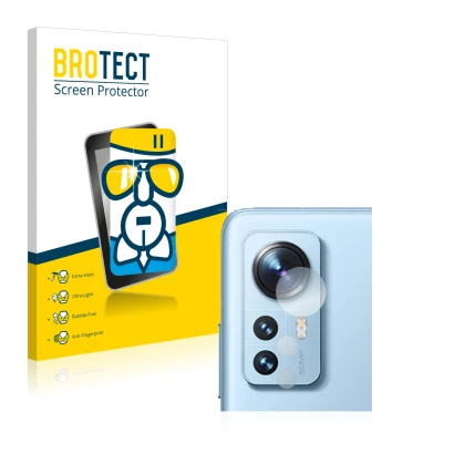 Vorderseite einer Produktverpackung mit dem Markenlogo BROTECT. Daneben ist das Gerät Xiaomi 12 Pro (NUR Kameraschutz) mit dem