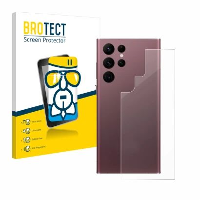 Vorderseite einer Produktverpackung mit dem Markenlogo BROTECT. Daneben ist das Gerät Samsung Galaxy S22 Ultra 5G (Rückseite) 