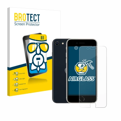 Vorderseite einer Produktverpackung mit dem Markenlogo BROTECT. Daneben ist das Gerät Apple iPhone SE 3 2022 (Display+Kamera) 