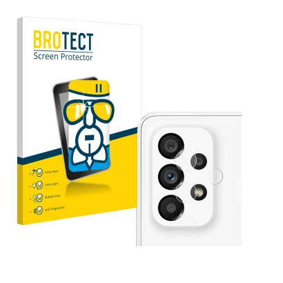 Vorderseite einer Produktverpackung mit dem Markenlogo BROTECT. Daneben ist das Gerät Samsung Galaxy A53 5G (NUR Kameraschutz)