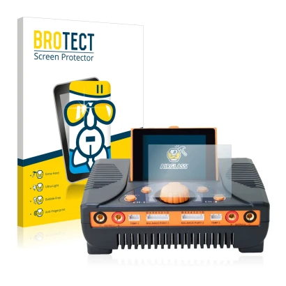 Vorderseite einer Produktverpackung mit dem Markenlogo BROTECT. Daneben ist das Gerät Junsi iCharger 406 Duo mit dem zugehörig