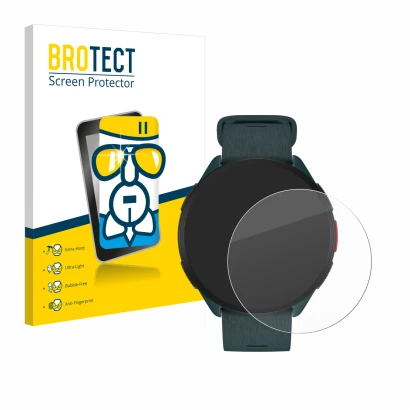 Vorderseite einer Produktverpackung mit dem Markenlogo BROTECT. Daneben ist das Gerät Polar Pacer mit dem zugehörigen Displays