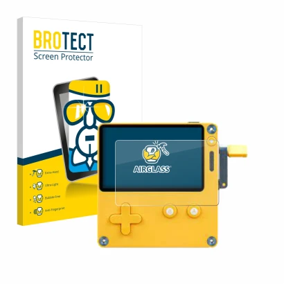 Vorderseite einer Produktverpackung mit dem Markenlogo BROTECT. Daneben ist das Gerät Panic Playdate mit dem zugehörigen Displ