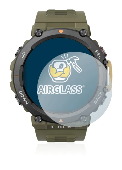 Abbildung des Geräts Huami Amazfit T-Rex 2 mit einer Vielzahl des Displayschutzes.