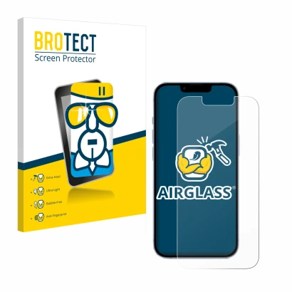 Vorderseite einer Produktverpackung mit dem Markenlogo BROTECT. Daneben ist das Gerät Apple iPhone 14 mit dem zugehörigen Disp