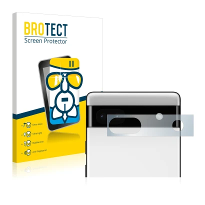 Vorderseite einer Produktverpackung mit dem Markenlogo BROTECT. Daneben ist das Gerät Google Pixel 6a (NUR Kameraschutz) mit d