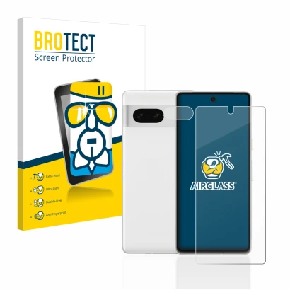 Vorderseite einer Produktverpackung mit dem Markenlogo BROTECT. Daneben ist das Gerät Google Pixel 7 (Display+Kamera) mit dem 