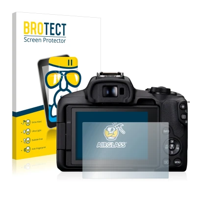 Vorderseite einer Produktverpackung mit dem Markenlogo BROTECT. Daneben ist das Gerät Canon EOS R50 mit dem zugehörigen Displa