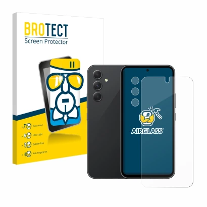 Vorderseite einer Produktverpackung mit dem Markenlogo BROTECT. Daneben ist das Gerät Samsung Galaxy A54 5G (Display+Kamera) m