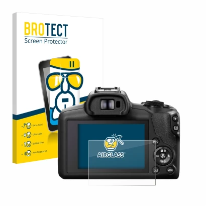 Vorderseite einer Produktverpackung mit dem Markenlogo BROTECT. Daneben ist das Gerät Canon EOS R100 mit dem zugehörigen Displ