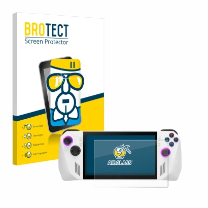 Vorderseite einer Produktverpackung mit dem Markenlogo BROTECT. Daneben ist das Gerät ASUS ROG Ally (2023) RC71L mit dem zugeh