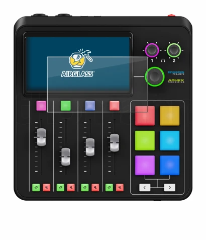 Abbildung des Geräts Rode Rodecaster Duo mit einer Vielzahl des Displayschutzes.