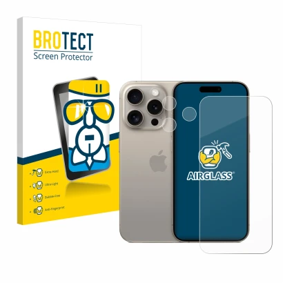 Vorderseite einer Produktverpackung mit dem Markenlogo BROTECT. Daneben ist das Gerät Apple iPhone 15 Pro (Display+Kamera) mit