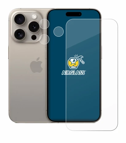 Abbildung des Geräts Apple iPhone 15 Pro (Display+Kamera) mit einer Vielzahl des Displayschutzes.