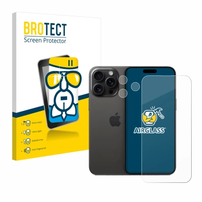 Vorderseite einer Produktverpackung mit dem Markenlogo BROTECT. Daneben ist das Gerät Apple iPhone 15 Pro Max (Display+Kamera)