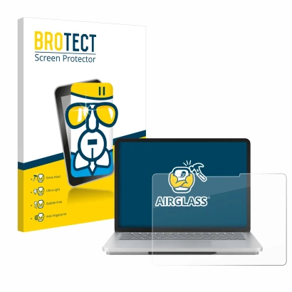 Vorderseite einer Produktverpackung mit dem Markenlogo BROTECT. Daneben ist das Gerät Microsoft Surface Laptop Studio 2 mit de