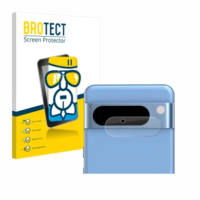 Vorderseite einer Produktverpackung mit dem Markenlogo BROTECT. Daneben ist das Gerät Google Pixel 8 Pro (NUR Kameraschutz) mi