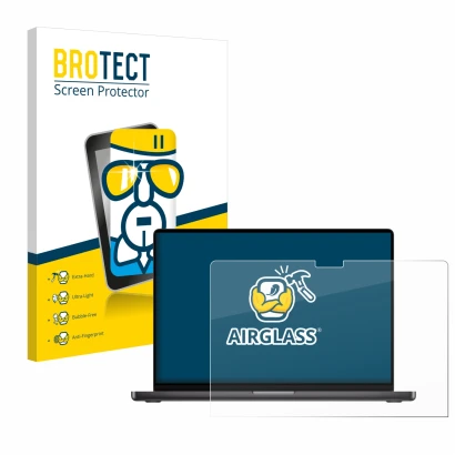 Vorderseite einer Produktverpackung mit dem Markenlogo BROTECT. Daneben ist das Gerät Apple MacBook Pro 14" M3 2023 mit dem zu