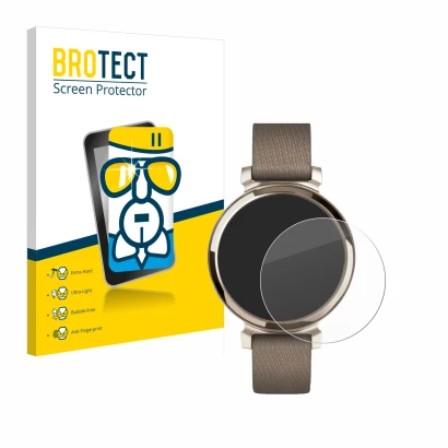 Vorderseite einer Produktverpackung mit dem Markenlogo BROTECT. Daneben ist das Gerät Garmin Lily 2 mit dem zugehörigen Displa
