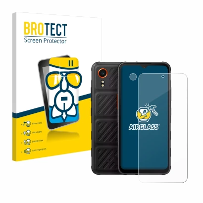 Vorderseite einer Produktverpackung mit dem Markenlogo BROTECT. Daneben ist das Gerät Samsung Galaxy XCover 7 (Display+Kamera)