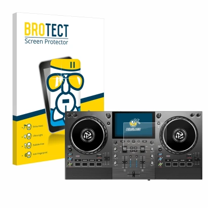 Vorderseite einer Produktverpackung mit dem Markenlogo BROTECT. Daneben ist das Gerät Numark Mixstream Pro Go mit dem zugehöri