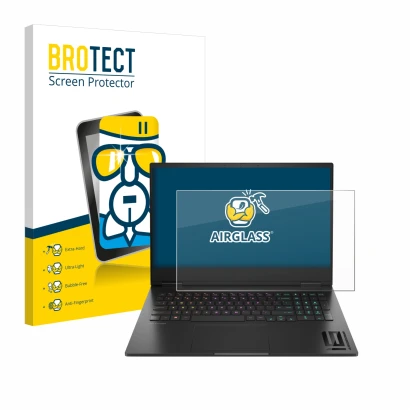 Vorderseite einer Produktverpackung mit dem Markenlogo BROTECT. Daneben ist das Gerät HP Omen 16 2024 mit dem zugehörigen Disp