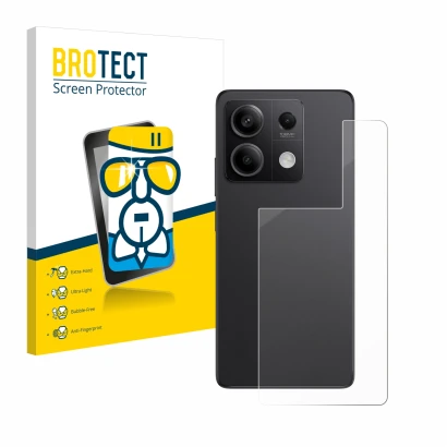 Vorderseite einer Produktverpackung mit dem Markenlogo BROTECT. Daneben ist das Gerät Xiaomi Redmi Note 13 Pro 5G (Rückseite) 