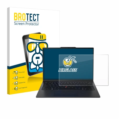 Vorderseite einer Produktverpackung mit dem Markenlogo BROTECT. Daneben ist das Gerät Lenovo ThinkPad X1 Carbon Gen 12 14" mit