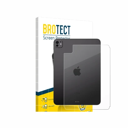 Vorderseite einer Produktverpackung mit dem Markenlogo BROTECT. Daneben ist das Gerät Apple iPad Pro 11" 2024 (Rückseite) mit 