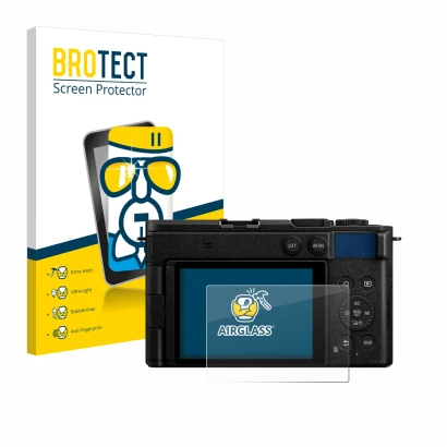 Vorderseite einer Produktverpackung mit dem Markenlogo BROTECT. Daneben ist das Gerät Panasonic Lumix DC-S9 mit dem zugehörige