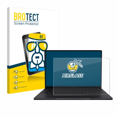 Vorderseite einer Produktverpackung mit dem Markenlogo BROTECT. Daneben ist das Gerät ASUS ProArt PX13 mit dem zugehörigen Dis